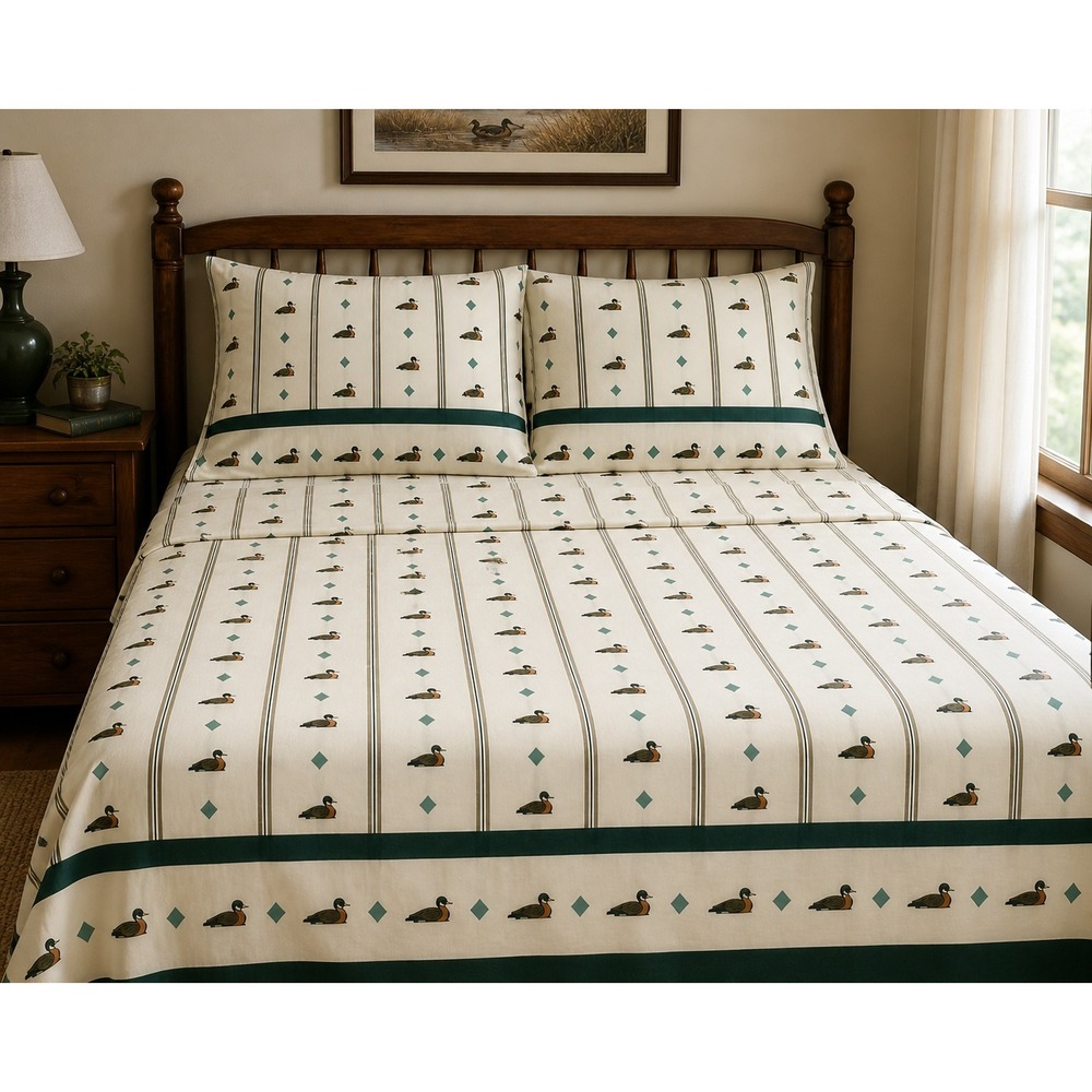 Vintage Cannon Full Sheet Set Mallard Duck Forest Green Striped 4pc Made in USA